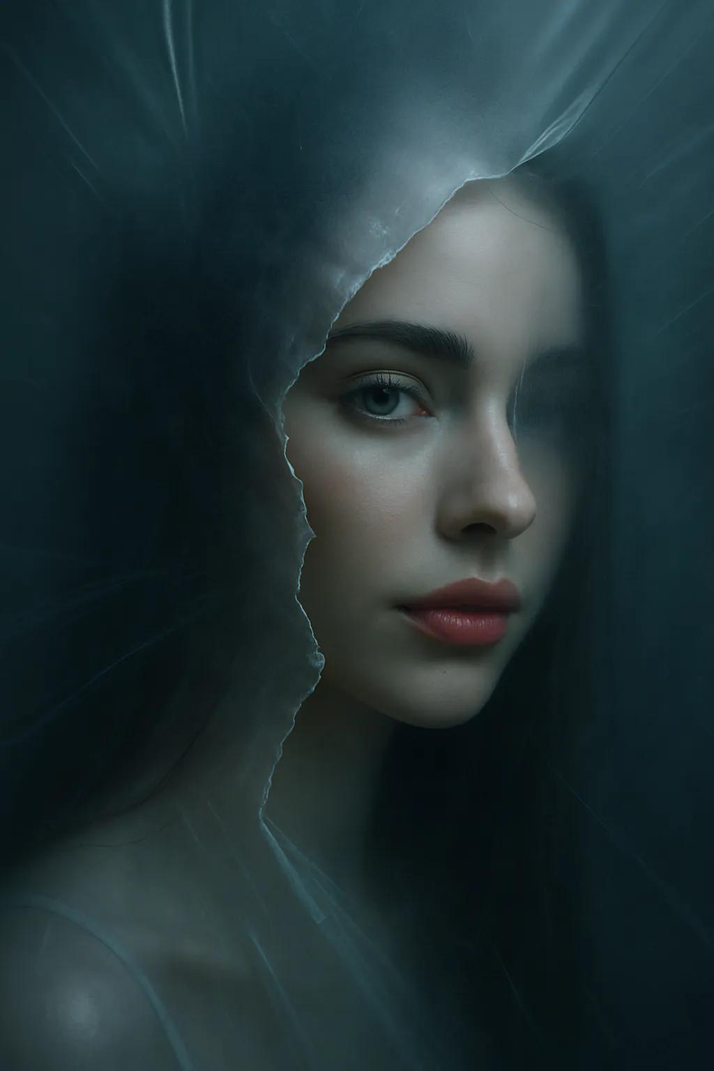 Create an image of the person behind the nylon curtain