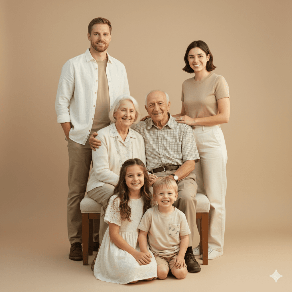 Three-generation Family Studio Portrait Prompt