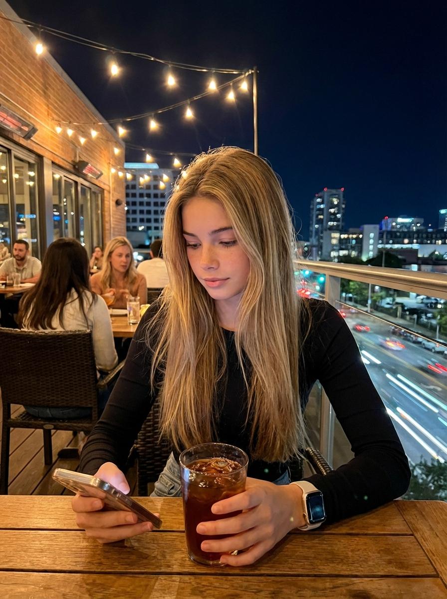 Nighttime Rooftop Café Portrait